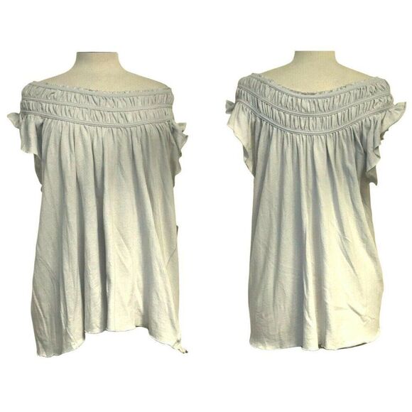 Free People Smocked Off Shoulder Ruffled Sleeve Top Sz M Lt. Blue Rayon Knit NEW - Picture 3 of 8